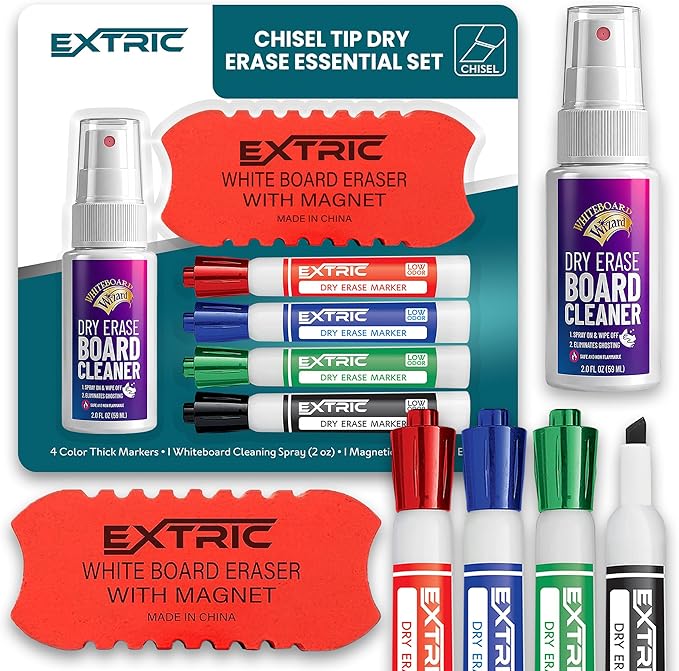 EXTRIC Dry Erase Markers Chisel Tip Set, 4 Whiteboard Markers, Whiteboard Cleaner and Eraser, Low Odor Dry Erase Marker with Eraser Bundle for Home, Teachers Supplies, and School Supplies