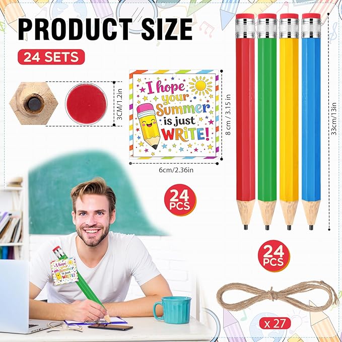 24 Sets End of the Year Student Gifts 13 Inch Big Wooden Jumbo Pencils Set of Giant Pencil Prop with Summer Greeting Card Large Pencils with Cap Preschool Kindergarten Graduation Gift
