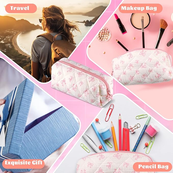 Sherr Coquette Bow Pencil Case Pink Bow Cute Pencil Pouch Soft Cotton Storage Bag Aesthetic Pattern Gift Makeup Pouch Cosmetic Bag for Women
