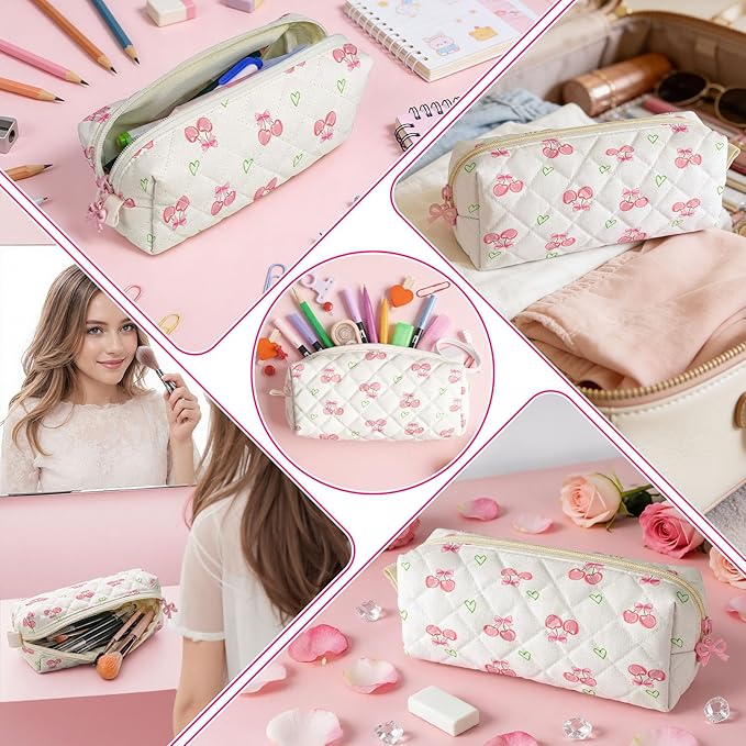 Cute Quilted Pencil Case for Girls Women, Aesthetic Small Floral Pencil Pouch,Slim Soft Pencil Bag for School Supplies Makeup Pouch for School & Daily Use (Cherry Heart)