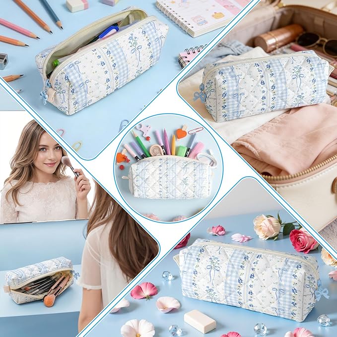 Cute Quilted Pencil Case for Girls Women, Aesthetic Small Floral Pencil Pouch,Slim Soft Pencil Bag for School Supplies Makeup Pouch for School & Daily Use (Blue Bow Floral)