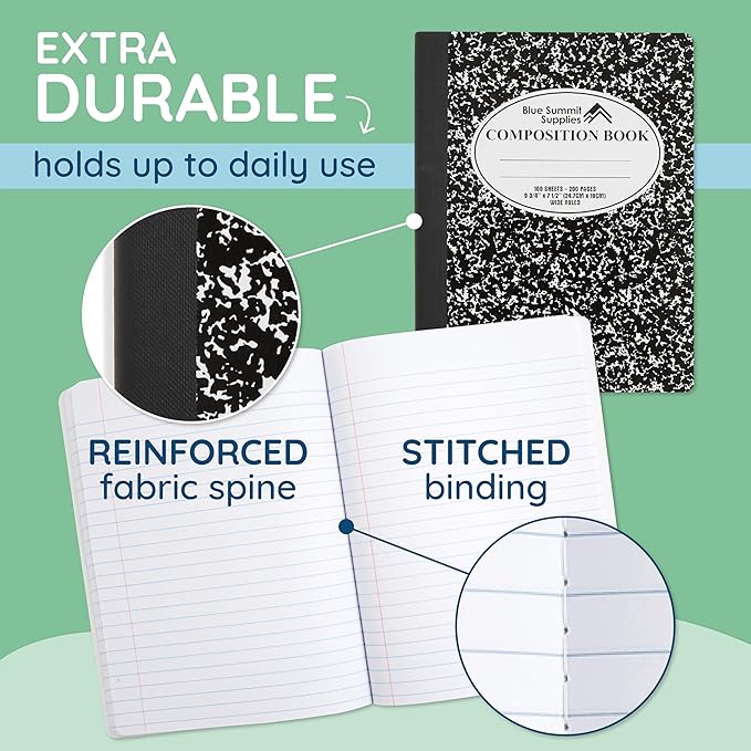 Blue Summit Black Composition Notebook, Black and white Composition Notebook Wide Ruled, Marble, 100 Sheets per Book, 12 Pack