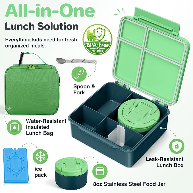 Bento Lunch Box with 8oz Soup Thermo,Kids Leakproof 4 Compartment Lunch Food Containers with Sauce Cup and Ice Pack,Kids Thermo Insulated Hot Food Jar and Lunch Bag for School,Trvael-Green