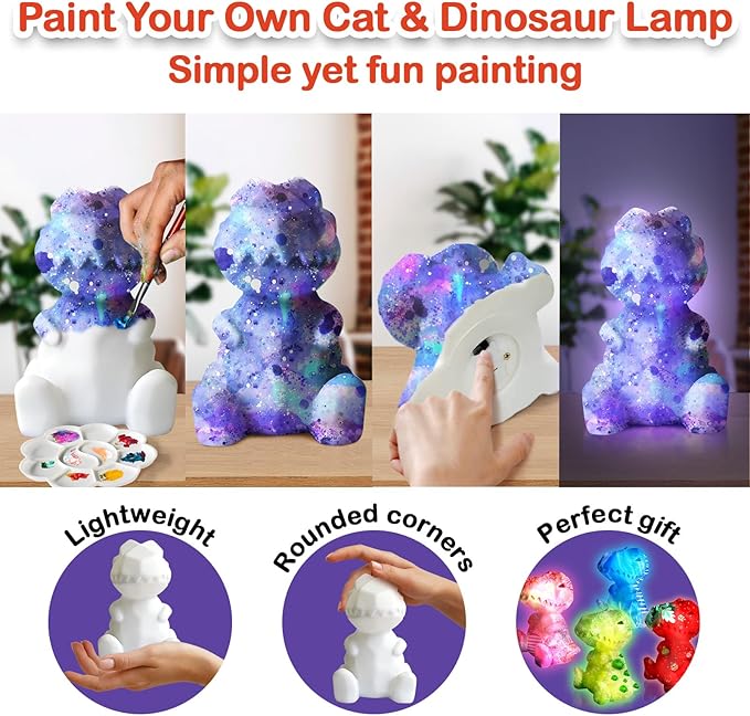 Goody King Paint Your Own Cat & Dinosaur Lamp Kit, 3PCS DIY Night Light, Arts & Crafts for Kids Ages 8-12, Art Supplies Painting Kit for Kids 6-12, Art Supplies Craft Birthday Gifts for Kids Ages 3+