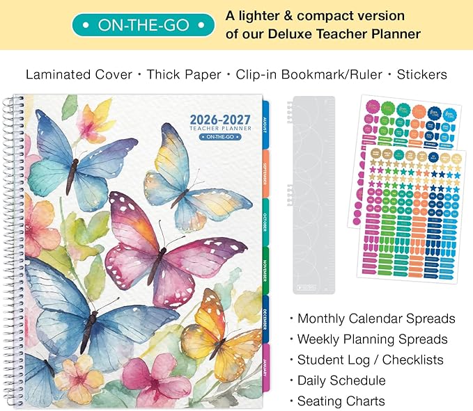 LITE TEACHER PLANNER - Aug 2026-Jul 2027, 8.5" x 11" Daily Weekly Monthly Organizers - Includes 7 Periods, Dated Calendar, Page Tabs, Bookmark, and Planning Stickers (Watercolor Butterflies)