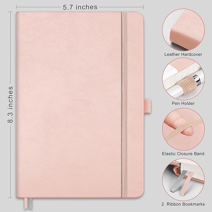RETTACY Dotted Journal Notebook, 192 Pages, A5 Medium Size (5.7'' x 8.3''), Leather Hardcover, 100 GSM Thick Paper, for Journaling, Planning, Tracking (Rose Gold)
