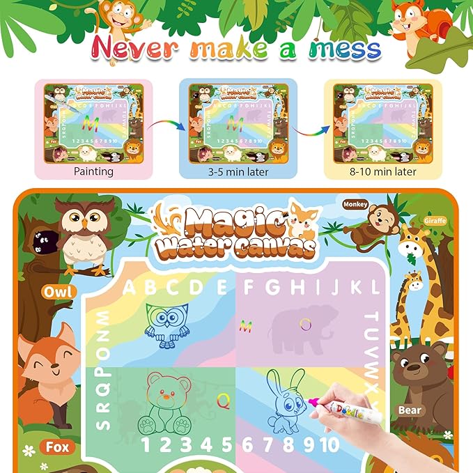 BlissfulBlend Water Doodle Mat Kids Mess Free Coloring for Toddlers 3 4 5 6 7 8 9 Years, 19 Pack Educational Toys, Doodle Mat with Magic Water Pens Boys Girls Christmas Birthday Holiday Present