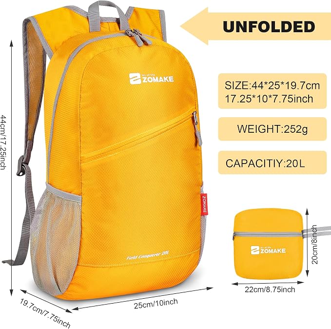 ZOMAKE Lightweight Packable Backpack 20L, Foldable Small Daypack for Hiking | Water Resistant Backpacks Day Bag for Travel Outdoor Camping Sport, Everyday Carry, Multi Compartment Storage(Yellow)