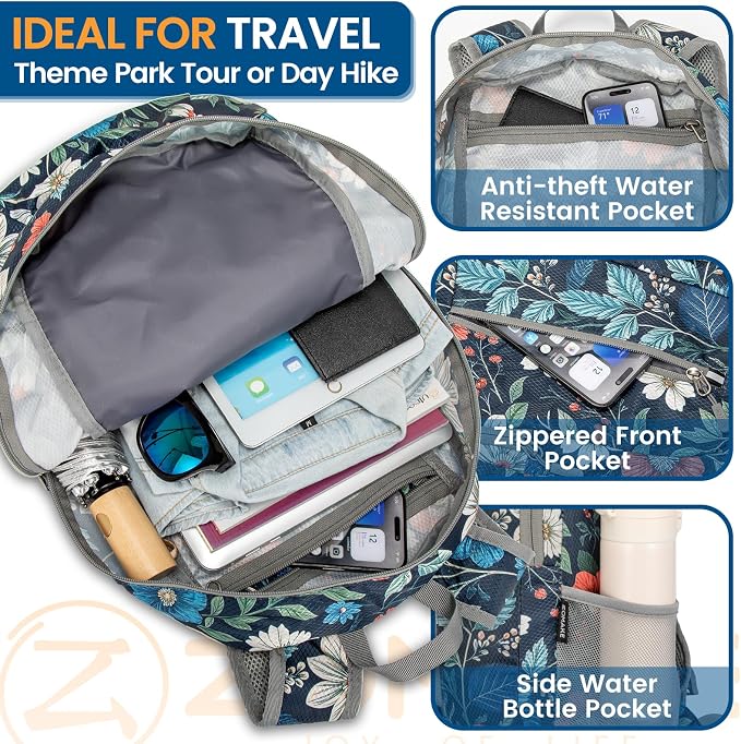 ZOMAKE Lightweight Packable Backpack 25L, Foldable Hiking Daypack | Water Resistant Small Folding Backpacks for Travel, Everyday Carry, Multi-Pocket Layout, Breathable Shoulder Strap