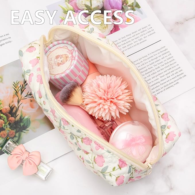 PAZIMIIK 6PCS Vintage Quilted Makeup Bag SET Cosmetic Pouch for Brushes Pencils and Travel Make Up Accessories for Women and Girls Flower White
