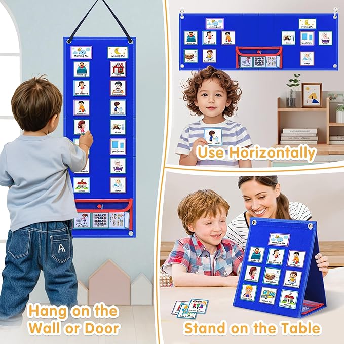 ALSLEA Visual Schedule for Kids with Autism Chore Chart for Kids Daily Routine Chart Autism Learning Materials Toddler Planning Board Visual Schedule for Classroom, Home with 124 Cards (DarkBlue)