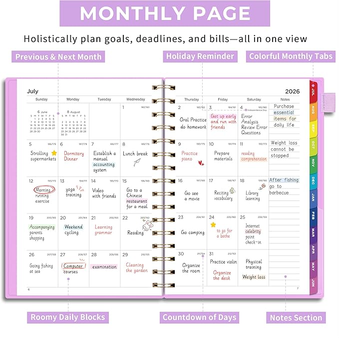 EMSHOI Academic Planner 2026-2027, Weekly and Monthly Calendar (July 2026 - June 2027), School Student Teacher Agenda Book, 100GSM Paper, PVC Cover, Colorful Tabs, A5 (6.38" x 8.35"), Purple