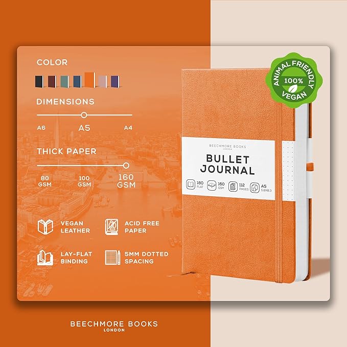BEECHMORE BOOKS A5 Dotted Journal – 160gsm Thick Paper No-Bleed Bullet Notebook – Hardcover Dot Grid Logbook with Presentation Gift Box – Vegan Leather Sketchbook for Artists & Professionals
