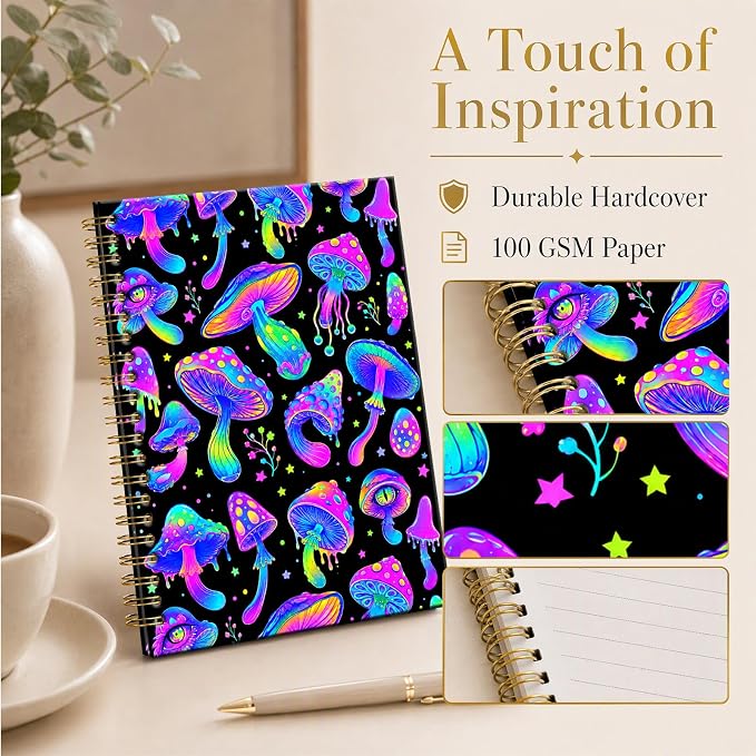 ATJFKIXL Cute Spiral Journal Notebook, A5 120 Page College Ruled Wirebound Notebook, Soft Cover for Students Office Notes and Planning - Black Neon Mushroom