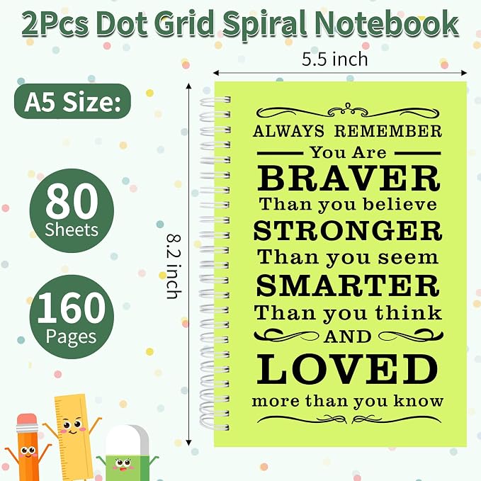 JOHSBYD 2Pcs Spiral Dotted Notebook, Inspirational Gifts A5 Dot Grid