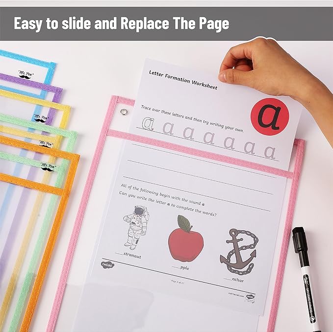Mr. Pen- Reusable Dry Erase Pocket Sleeves, 10" x 14", 24 Pack, Colorful, Clear Plastic Paper Sleeves, Ticket Holders, Clear Plastic Sheet Protectors, Teacher, School, Classroom Supplies