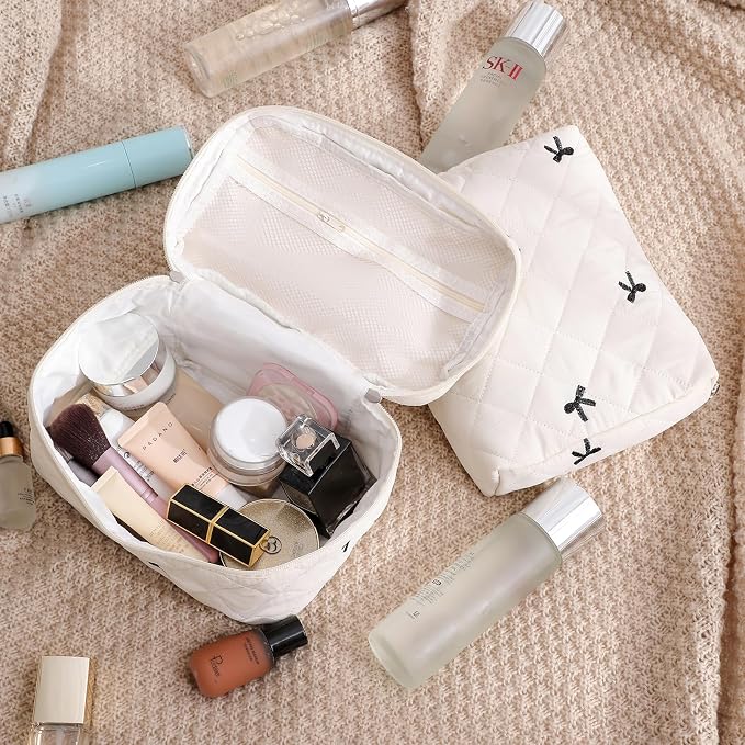 uekeboag Large Travel Quilted Makeup Bag for Women | Soft Floral Cotton Cosmetic Bag, Foldable Coquette Aesthetic Toiletry Organizer