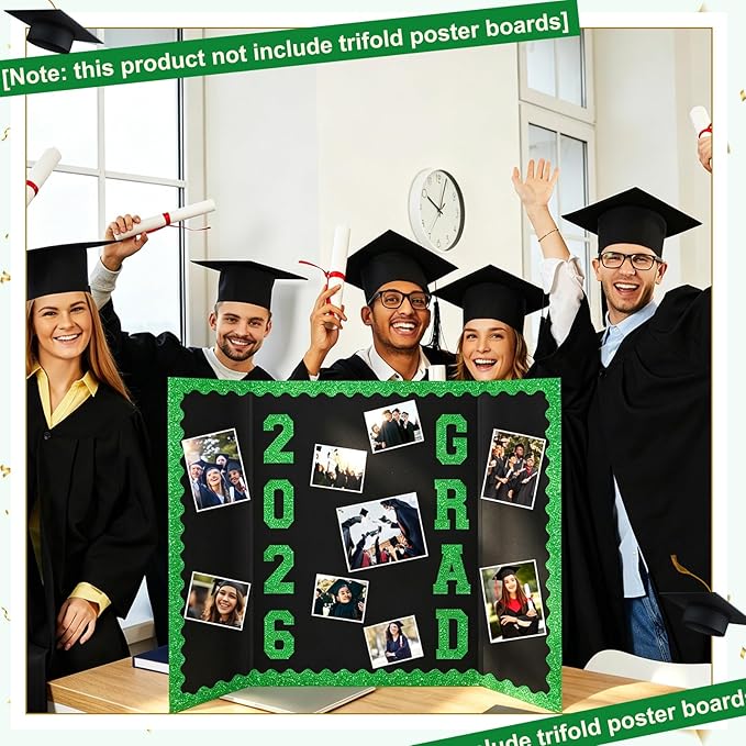 Green 175 Pcs Graduation Photo Display Board Sticker Glitter Border Trim Alphabet Letter Number for 2026 Grad Party Trifold Poster Photo Display Event Displays Bulletin Board