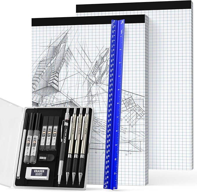 Nicpro 16PCS Drafting Tools with 12‘’ Aluminum Architectural Scale Ruler, Mechanical Pencils 0.5, 0.7, 0.9 & 2mm, Lead Refills, 2 Pack Graph Paper, Geometry Drawing Kit for Engineers Students Design