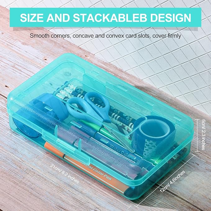 Leelosp 12 Pack Clear Pencil Boxes for School Bulk, Large Plastic Pencil Case with Lid, Stackable Hard Crayon Storage Box for Classroom Kids, Desk Drawer Organizer for Office Home(Jade)