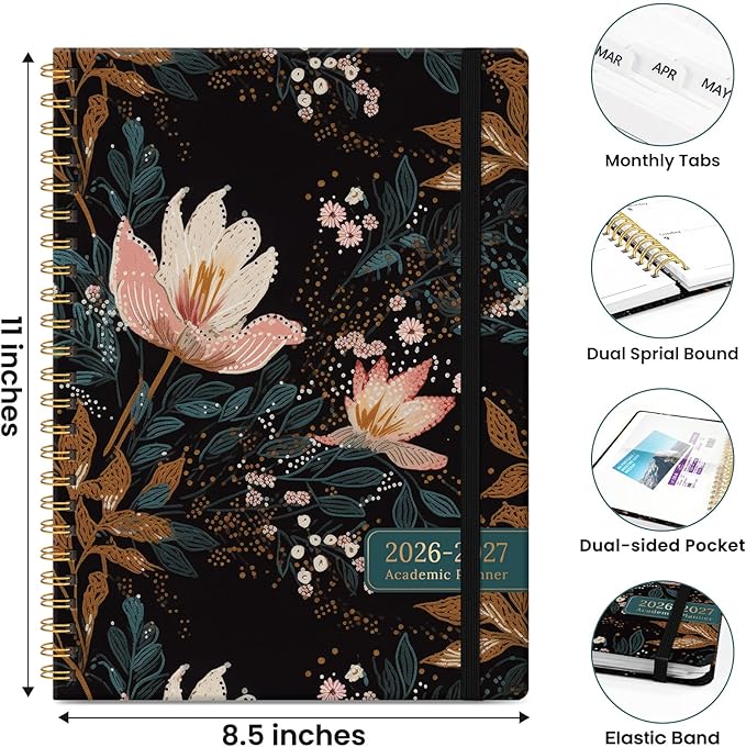 Planner 2026-2027, Monthly and Weekly Academic Planner July 2026 - June 2027, Hardcover Student Teacher Planning Agenda Calendar Book with Tabs, Perfect for Office School Supplies, A4 (8.5" x 11") - Vintage Petals
