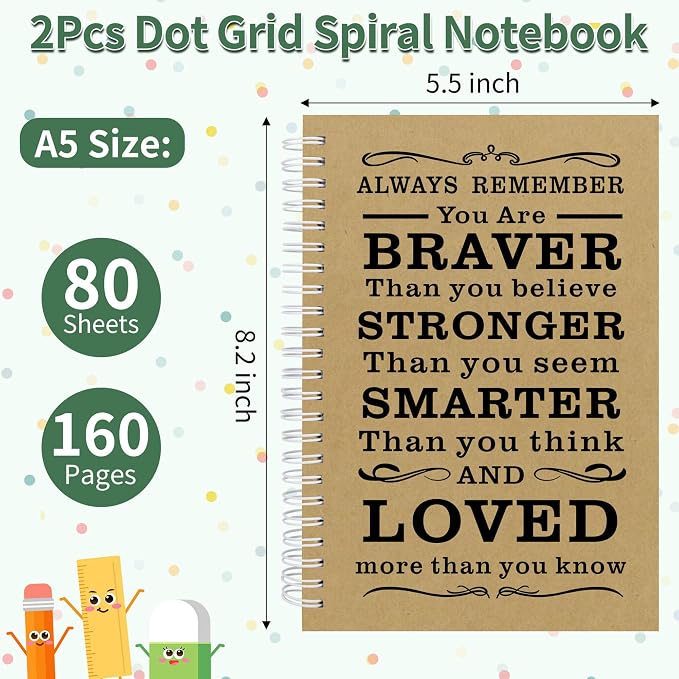 JOHSBYD2Pcs Spiral Dotted Notebook,Inspirational Gifts A5 Dot Grid