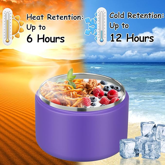 Pawtong 12oz Insulated Vacuum Food Jar with Buckle Lid Wide Mouth Soup Thermo for Hot Food Kids Leakproof Stainless Steel Lunch Container (Purple, 12OZ)
