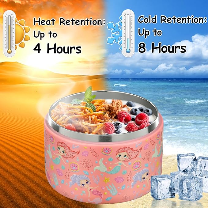 Pawtong 12oz Insulated Vacuum Food Jar with Buckle Lid Wide Mouth Soup Thermo for Hot Food Kids Leakproof Stainless Steel Lunch Container (mermaid)