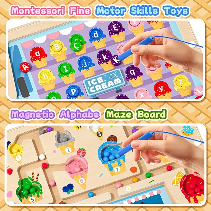 2 in 1 Magnetic Color and Number Maze Double-Sided ABC Alphabet Puzzles Board Magnet Dinosaur Counting Maze Preschool Learning Montessori Education 3 4 5 Years Toys (Ice Cream, One Size)