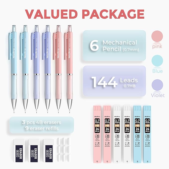 Nicpro 6PCS Cute Mechanical Pencil Set with Case, 0.7 mm Mechanical Pencils with 6 Tube HB Lead Refill, 3PCS Eraser, 9PCS Eraser Refill for School Supplies Student Writing, Drafting Drawing Sketching