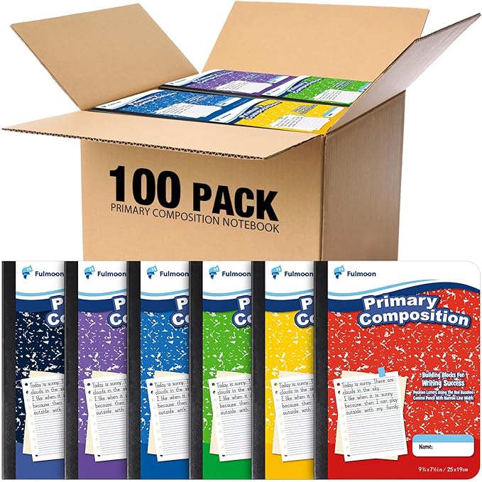 Fulmoon 100 Pack Primary Composition Notebook,Grade K-2 Journal Wide 3 Line Ruled,80 Pages,Marble Cover,7-1/2" x 9-3/4" Primary Writing Notebook for Kindergarten Preschool,1st 2nd Grad (Mix Color)