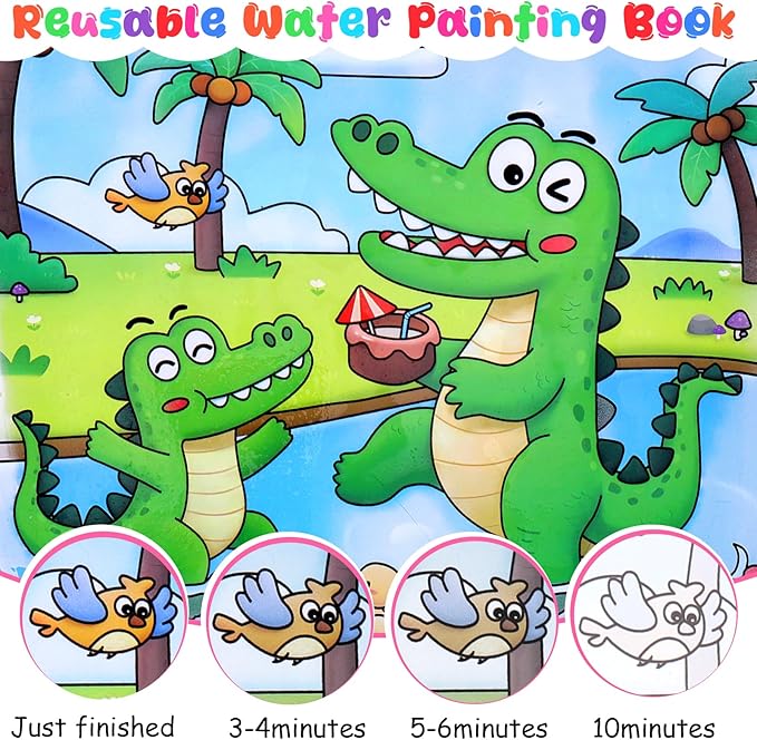 Vodolo Water Painting Book for Toddlers - 2 Pack Reusable Magic Water Coloring Book with 4 Water Pen 2 Brush - Mess Free Painting for Toddlers,No Mess Paint Coloring for Ages 3+ Travel Activity Toys