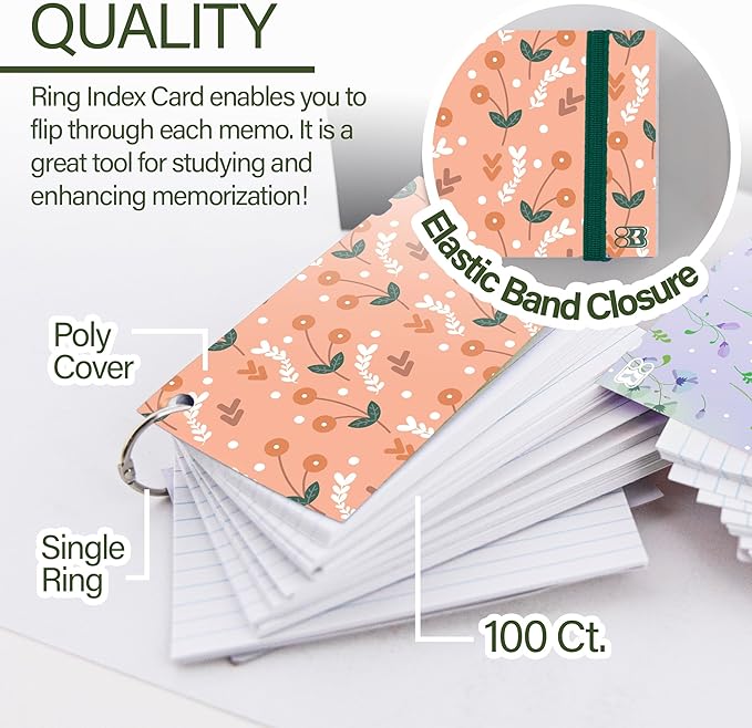 BAZIC Products Index Cards 3x5 Inches, Index Cards with Ring, Cute Floral Poly Cover, White Ruled, 100 Count, Flash Cards Notecards for Studying Learning Student School College Office, RANDOM, 1-Pack