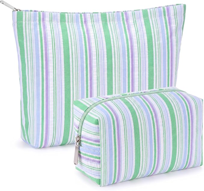Huhumy 2 Pcs Striped Makeup Bag, Travel Toiletry Bag for Women, Aesthetic Cute Colorful Cosmetic Pouch, Seersucker Storage Organizer for Accessories, Essentials, Toiletries(Green Blue Purple)