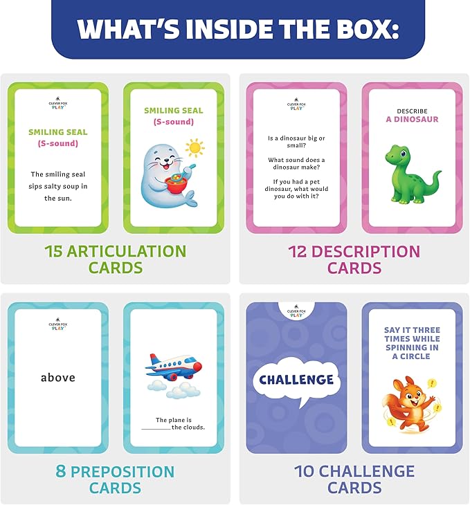 Clever Fox Play 3-in-1 Speech Therapy Flash Cards for 3+ Year Olds – Toddler Learning Flash Cards for Speech Therapy Materials – 45 Articulation, Description & Preposition Cards for Preschool