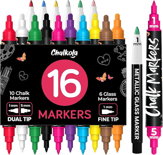 Chalkola Dual Tip Liquid Chalk Markers for Blackboard (16 Pack, 1mm+5mm Fine, Bold Tip) | Wet Erase, Chalk Pens for Chalkboard Signs, Car Windows, Glass, Calendar, Mirrors - Erasable Chalkboard Marker