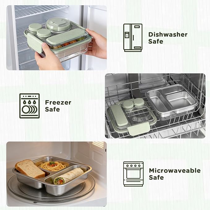 Stainless Steel Bento Lunch Box for Kids Adults with 8oz Insulated Food Jar, Leak-proof, Dishwasher-Safe, Transparent Lid with Sauce Cup and Cutlery Storage for School & Travel,BPA-Free(Green)