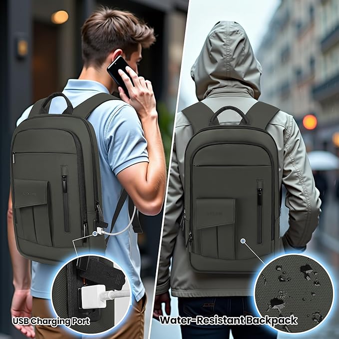 Business Backpack for Men Slim Lightweight Laptop Backpack Water Resistant Small Office Backpack for Commute Travel Daily Office Work with Small Bag (Green, 15.6")
