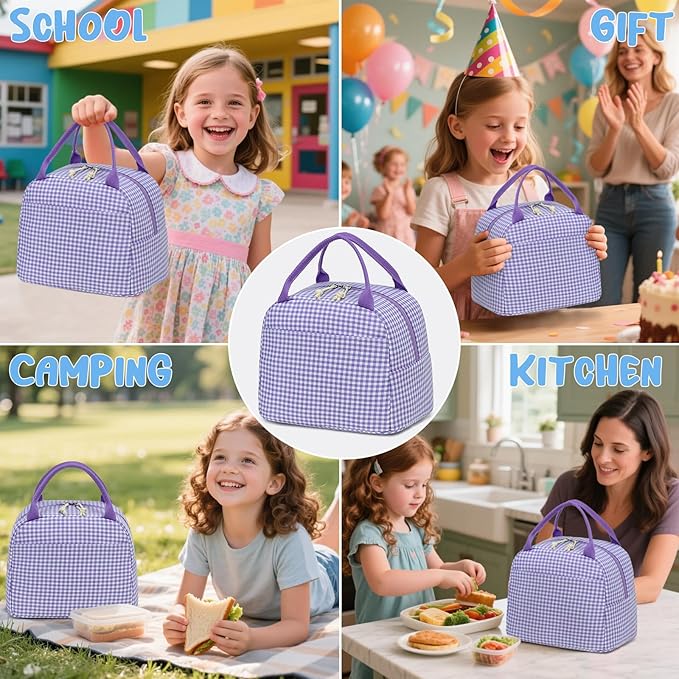 CAMTOP Lunch Box Kids Insulated Lunch Bag Large Reusable Leakproof Cooler Lunch Bags for Boys Girls School Travel Picnic (Purple and White Checkered)