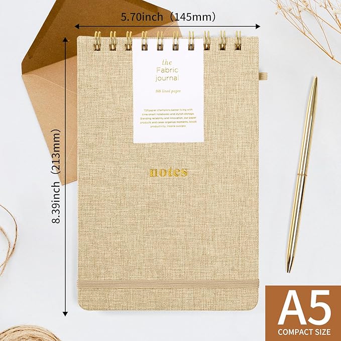 A5 Top Spiral Notebook – Hardcover Journal 160 Pages 100 GSM Thick Paper With Elastic Band & Pen Holder Steno Pads College Ruled Writing Notebooks for Work School Travel (1pack-Khaki-style C)