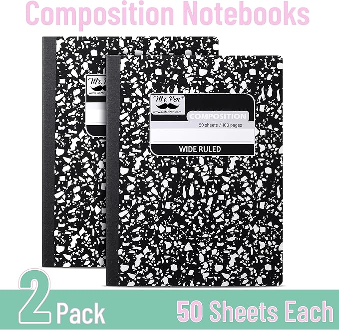 Mr. Pen- Composition Notebook, 2 Pack, Wide Ruled, 50 Sheets, 9.75" x 7.5", Black Marble, Composition Book, Notebooks for School, Wide Ruled Composition Notebook, Journal Notebooks, Writing Notebooks