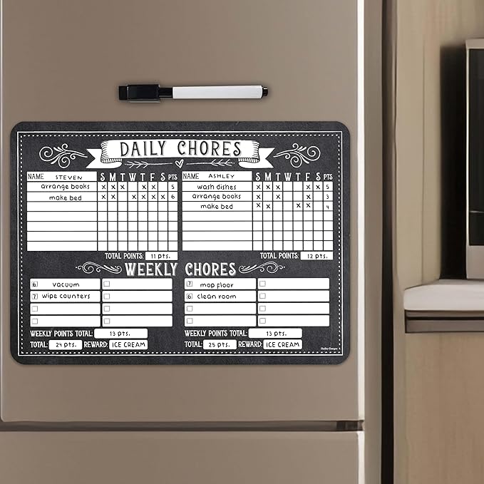 Hadley Designs Magnetic Chore Chart for Kids Multiple - Chores Board for Refrigerator, Dry Erase Task Chart for 2 Kids Daily Behavior, Family Weekly Planner for Teens and Adults, Chalk Chore Board