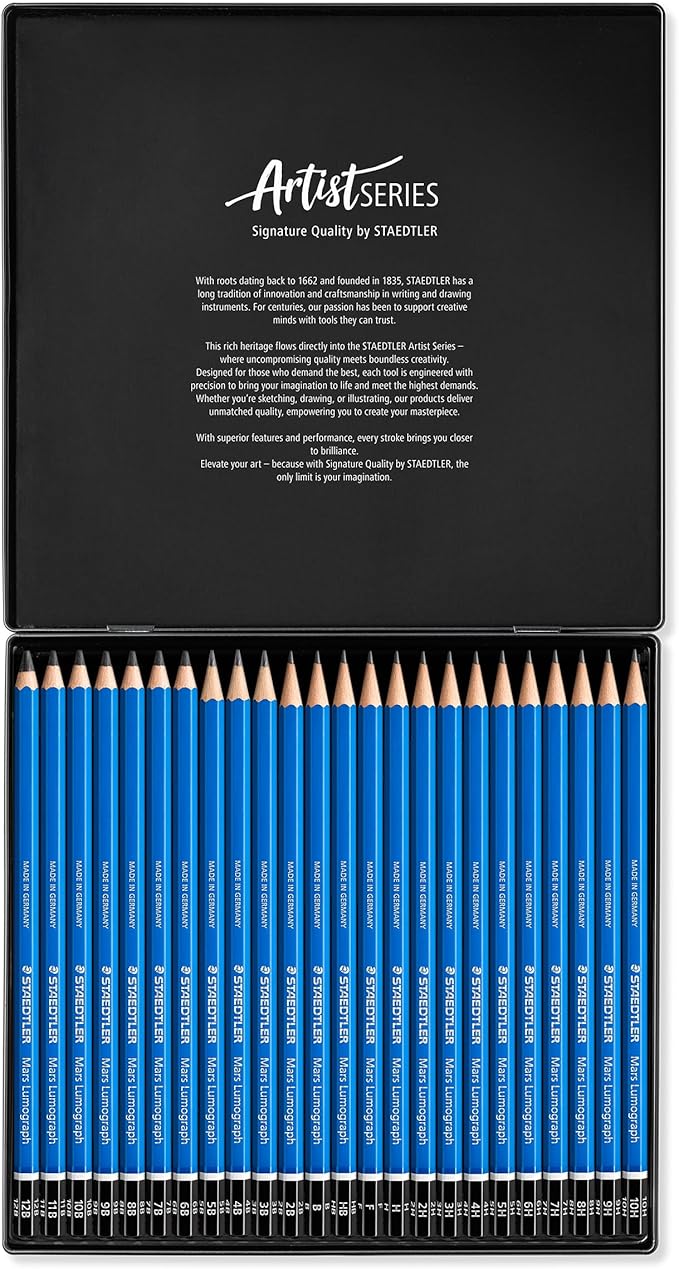 STAEDTLER Mars Lumograph Drawing Pencils: Set of 24 in Metal Case - Presharpened Graphite Art Pencils - Hardness Grades 12B-10H - For Drawing, Shading, Drafting & Illustrating - All Skill Levels