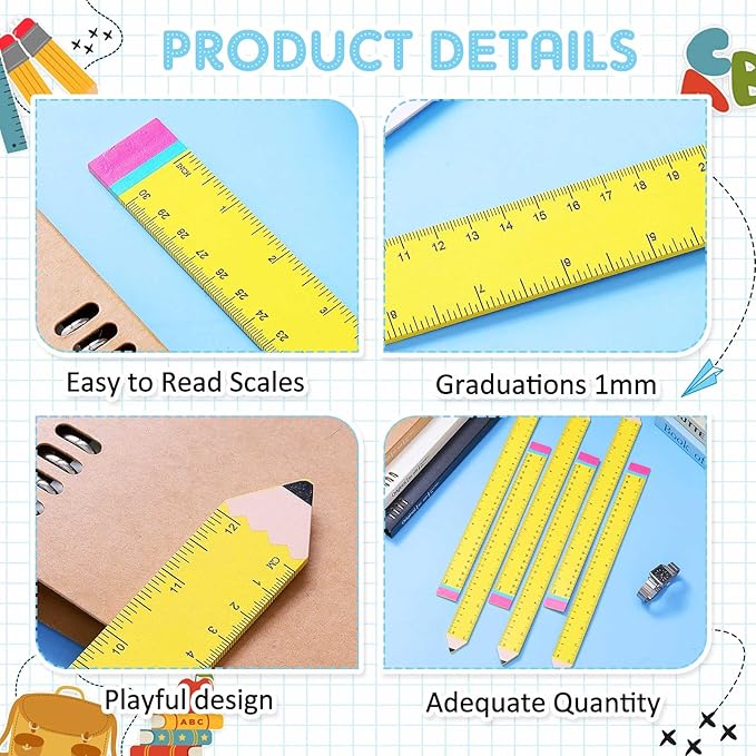 Affrolling 12 Pcs Pencil Shaped Wooden Rulers 12 Inch/30cm Measuring Standard 2 Scale Cute Pencil Rulers Gifts Bulk for Students Home Office