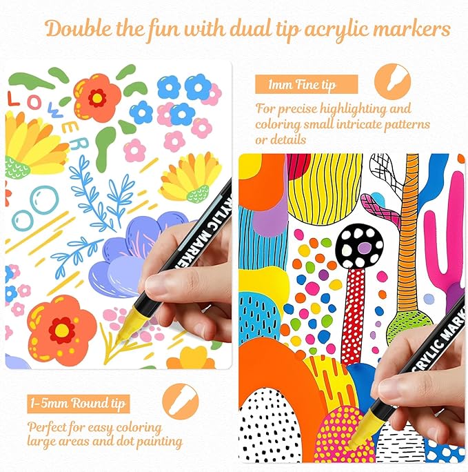 72 Colors Dual Tip Acrylic Paint Markers, Premium Dot & Fine Tip Coloring Paint Pens for Rock, Wood, Fabric, Canvas, Glass, Paper, Ceramic, Scrapbook, Vision Board and DIY Crafts Supplies Art Gifts