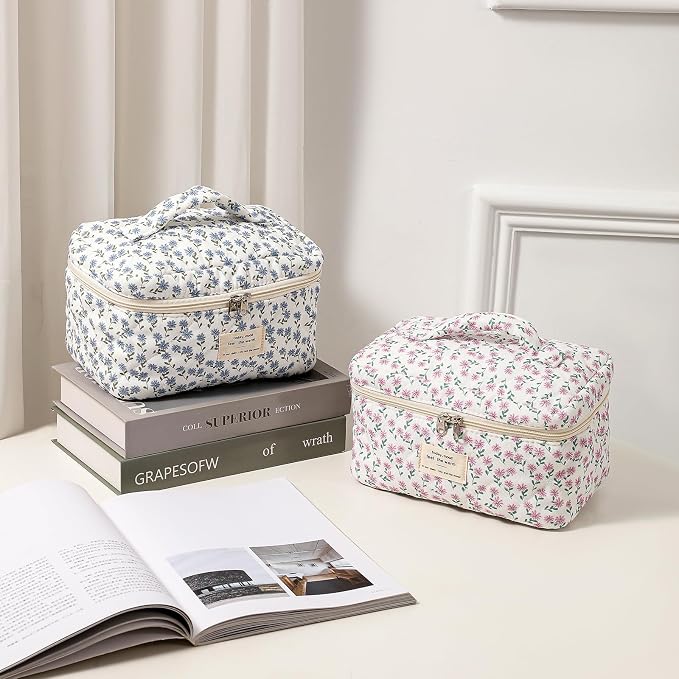 uekeboag Large Travel Quilted Makeup Bag for Women | Soft Floral Cotton Cosmetic Bag, Foldable Coquette Aesthetic Toiletry Organizer