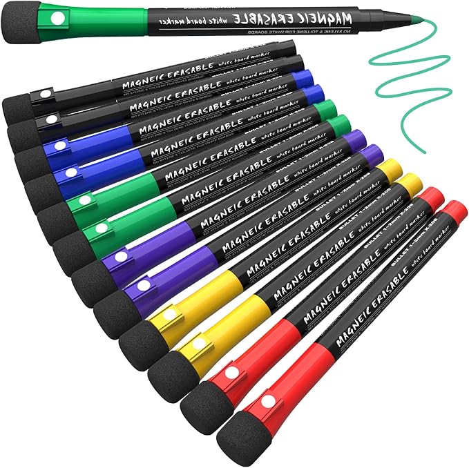 Magnetic Dry Erase Markers Fine Tip, 6 Colors (12 Pack) White Board Markers Dry Erase Marker with Eraser Cap, Low Odor Whiteboard Markers Fine Point Pens for Office Supplies