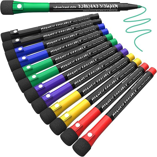Magnetic Dry Erase Markers Fine Tip, 6 Colors (12 Pack) White Board Markers Dry Erase Marker with Eraser Cap, Low Odor Whiteboard Markers Fine Point Pens for Office Supplies