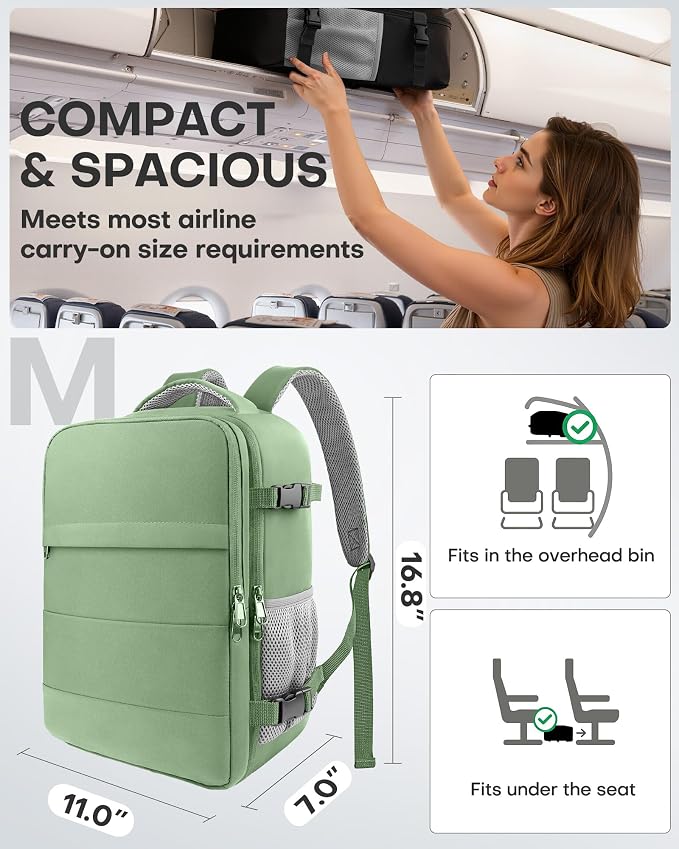 HOTOR Travel Backpack Flight Approved Bag Men Women, Medium Green | TSA Carry on Luggage, 15.6inch Laptop, Casual Daypack Travel Essentials Nurse Bag for Work, Business, Weekender, College