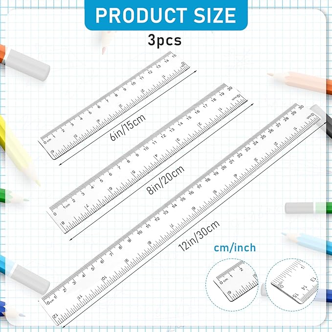 3 Pack 6 Inch 8 Inch 12 Inch Ruler Set Plastic Straight Ruler Transparent Measuring Tool Acrylic Clear Ruler for School Office Student